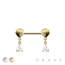 TEARDROP CZ DANGLE SEASHELL 316L SURGICAL STEEL NIPPLE RING